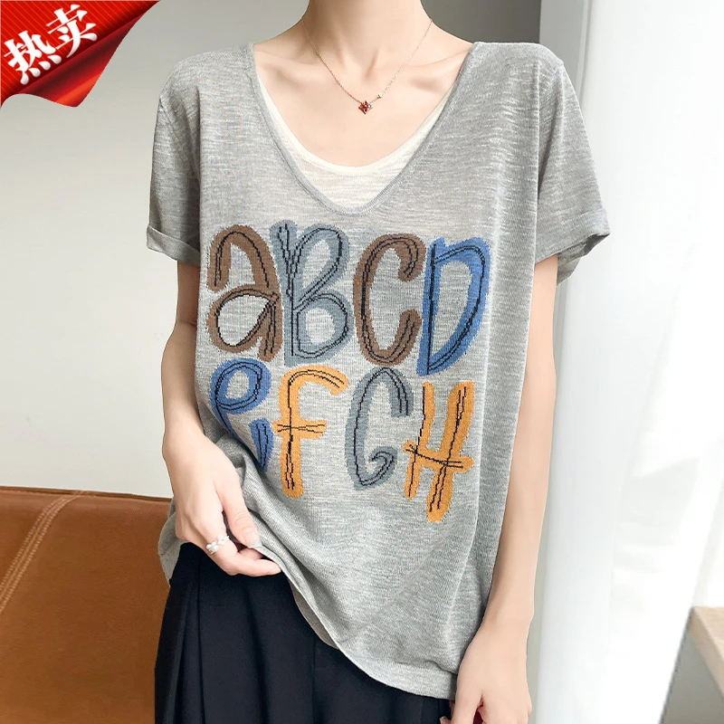 2025新款慵懒风字母印花t恤上衣夏季短袖圆领假两件上衣女