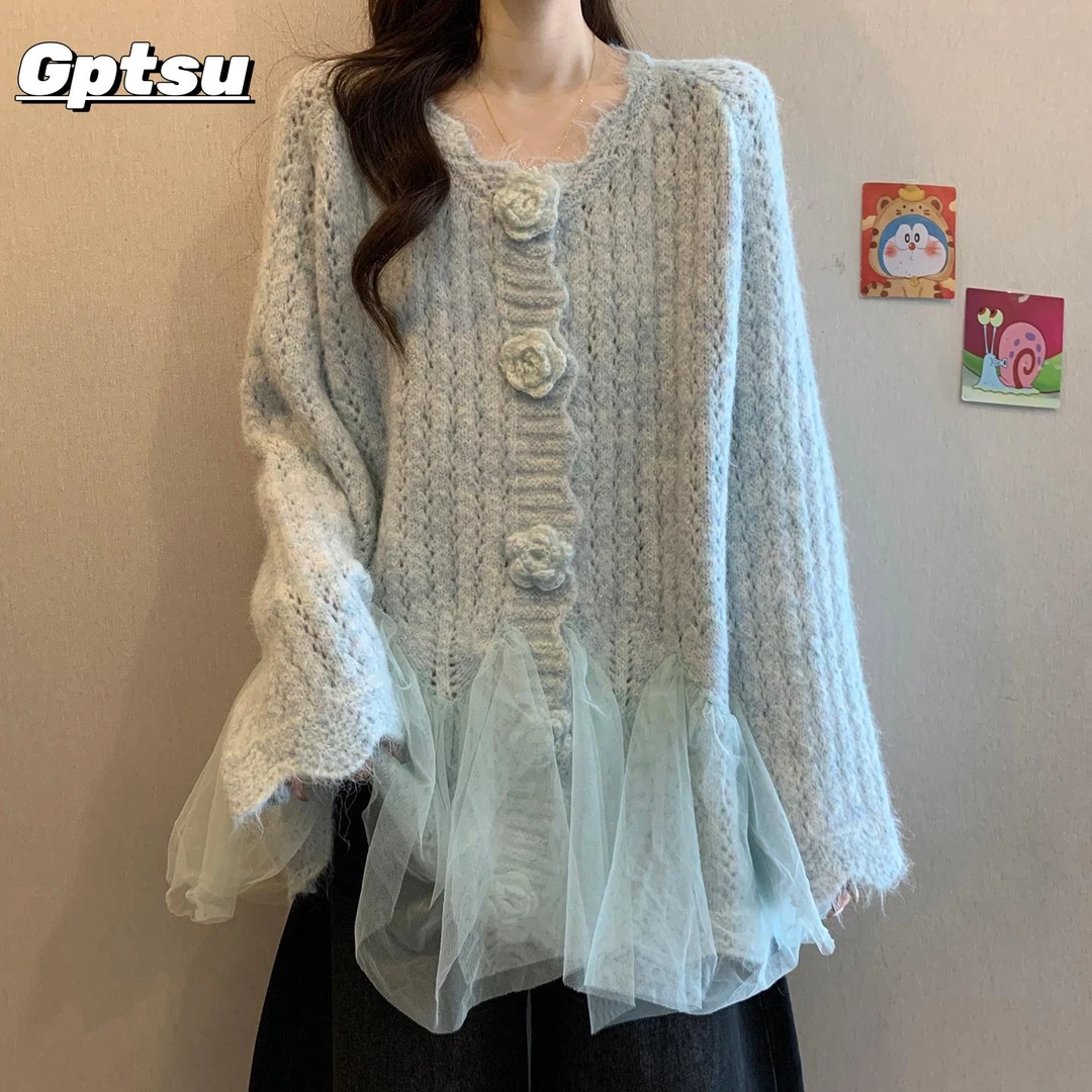 GPTSu立体花朵长袖针织衫毛衣秋冬大码巨好看设计感网纱拼接上衣