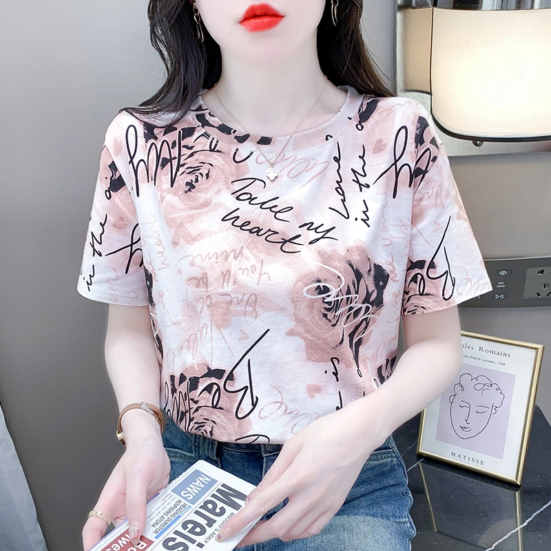 女士短袖t恤衣服女2025新款显瘦遮肉扎染宽松时尚印花上衣夏季