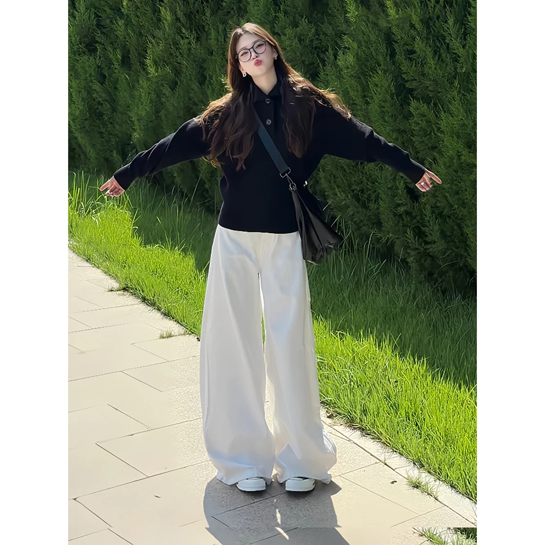 早秋气质一整套ootd穿搭简约通勤黑色长袖针织上衣阔腿裤子两件套