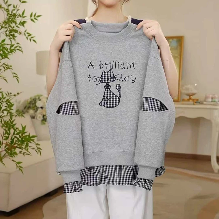 新款女童卫衣秋款2025刺绣小猫时髦百搭儿童设计感上衣宽松卡通风