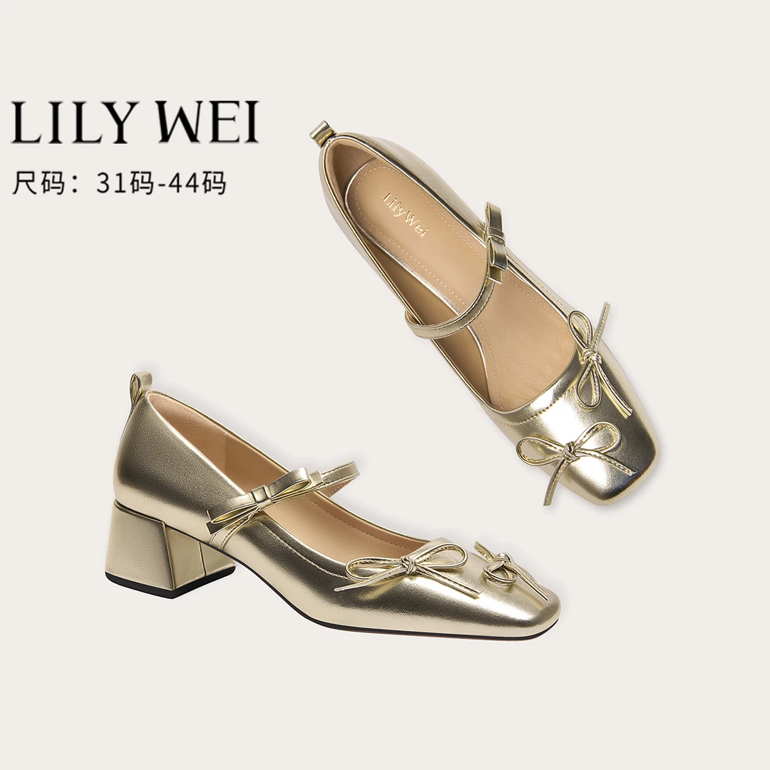 Lily Wei【阳光灵韵】金色蝴蝶结甜美玛丽珍鞋方跟气质单鞋大码41