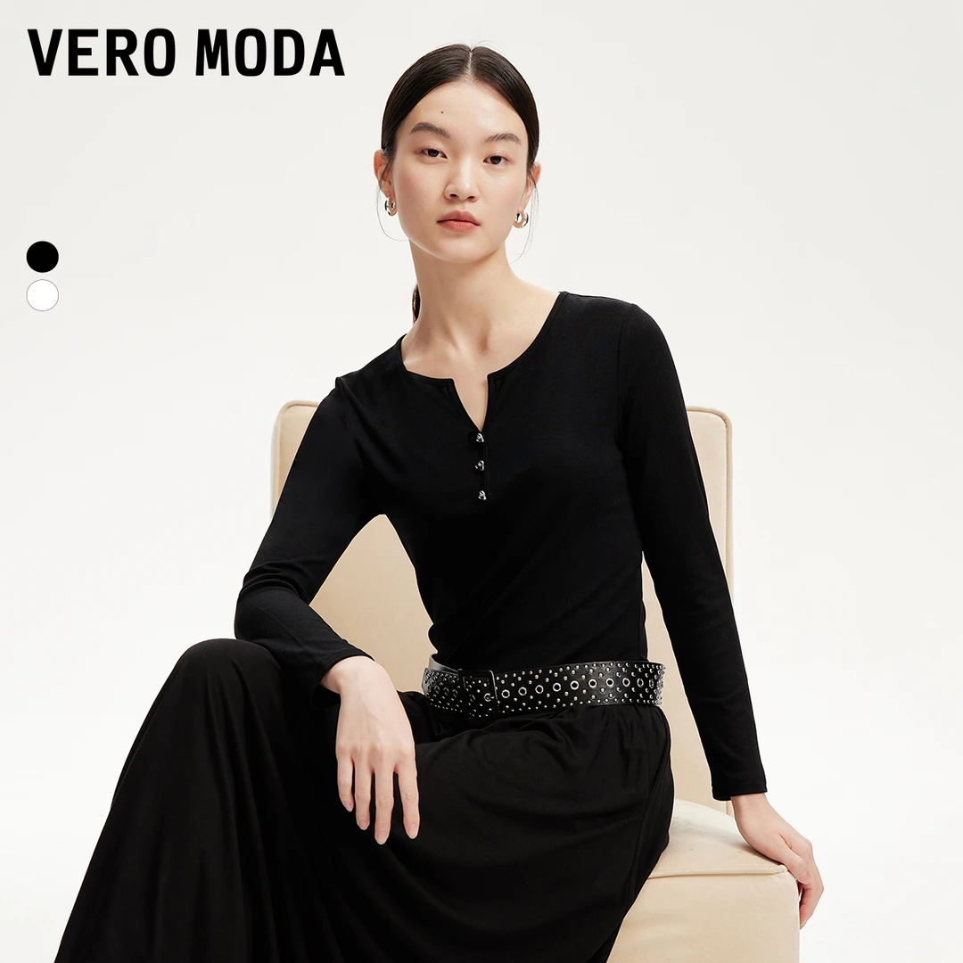 Vero ModaT恤2025新心形纽扣休闲V领长袖修身上衣老钱风松弛感