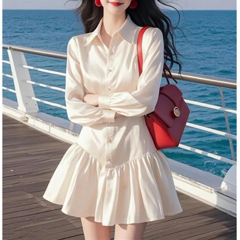 法式千金风高级感翻领衬衫连衣裙女2025春季新款气质收腰显瘦短裙