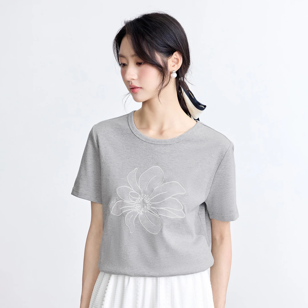 简约时尚刺绣短袖T恤2025夏季新款休闲百搭宽松显瘦圆领上衣
