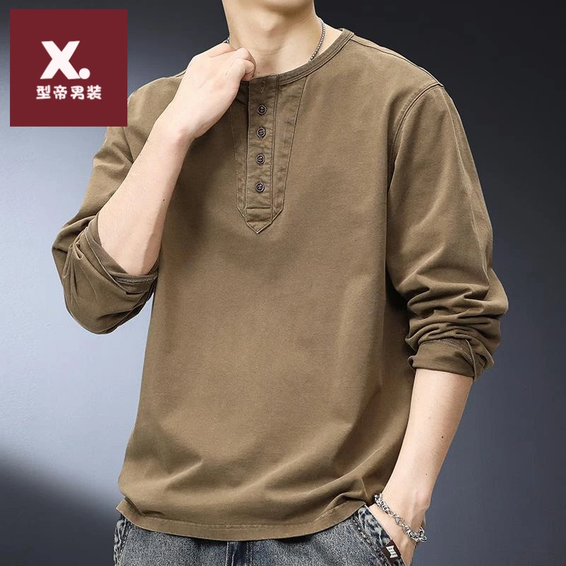 美式复古长袖t恤男春秋季潮牌水洗简约内搭高端硬汉亨利领打底衫