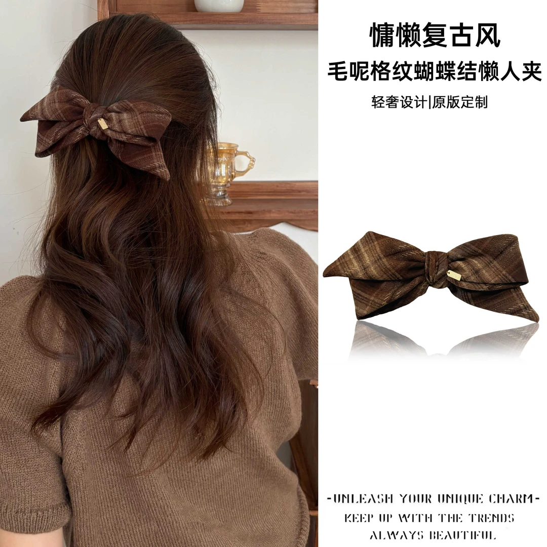 洋气复古经典格子毛呢蝴蝶结懒人夹后脑勺盘发夹减龄少女心发卡