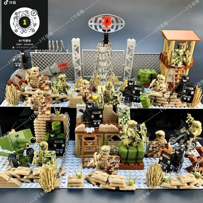 中国军事基地积木大场景特种兵人仔装甲车6益智拼装玩具8男孩礼物