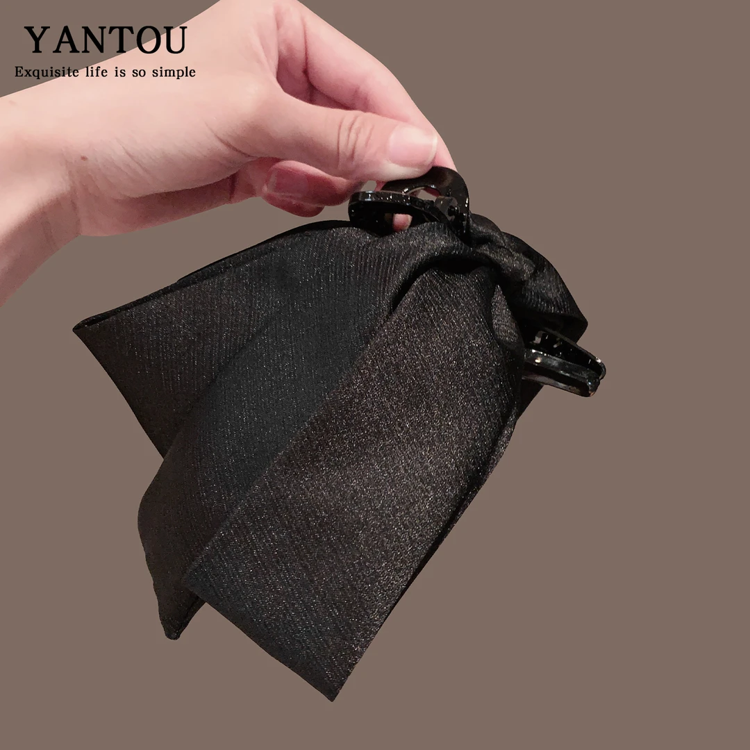 高级感黑色布艺蝴蝶结抓夹大号法式气质飘带后脑勺盘发鲨鱼夹发卡