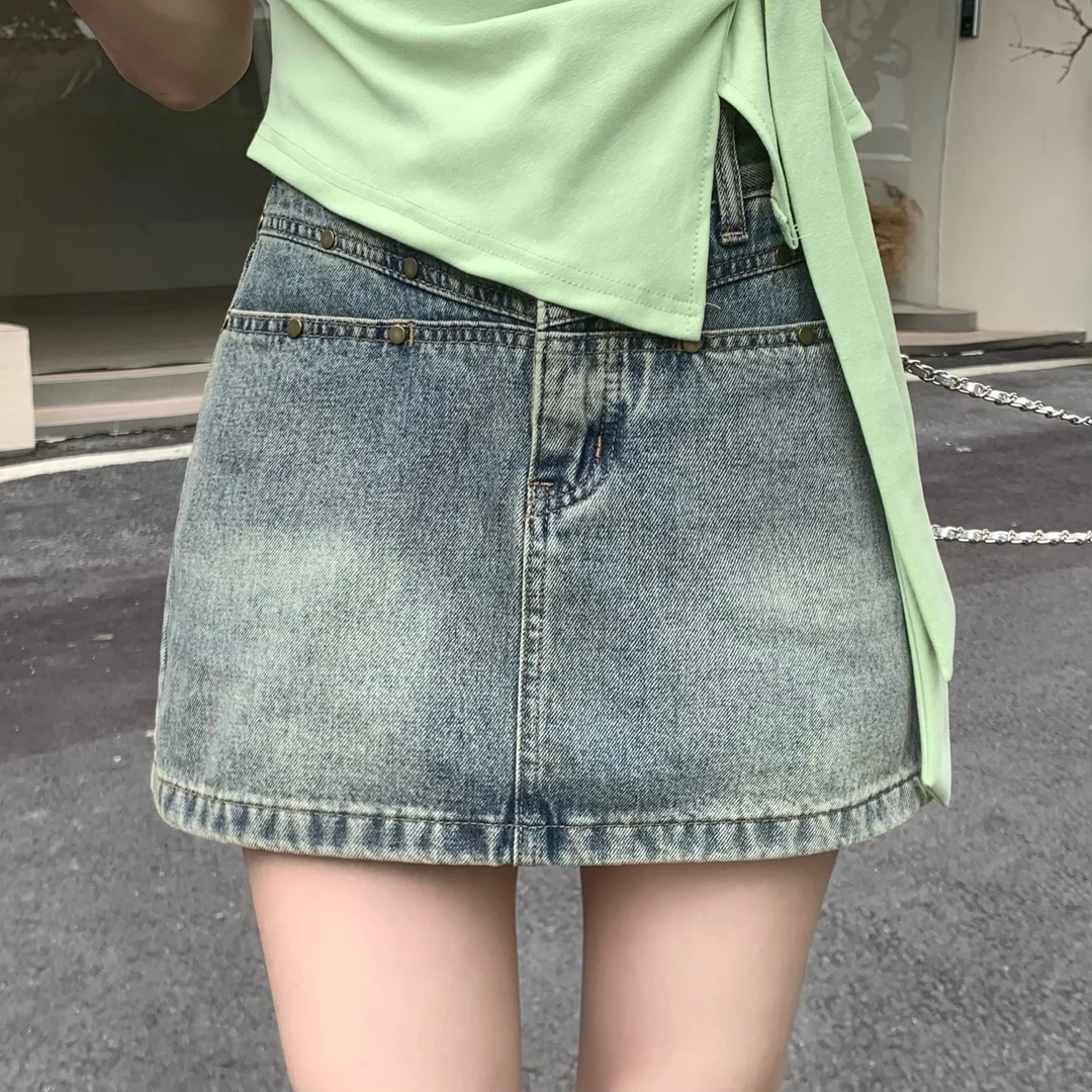 夏季新款 复古百搭牛仔中高腰显高显瘦防走光裙子DM9040