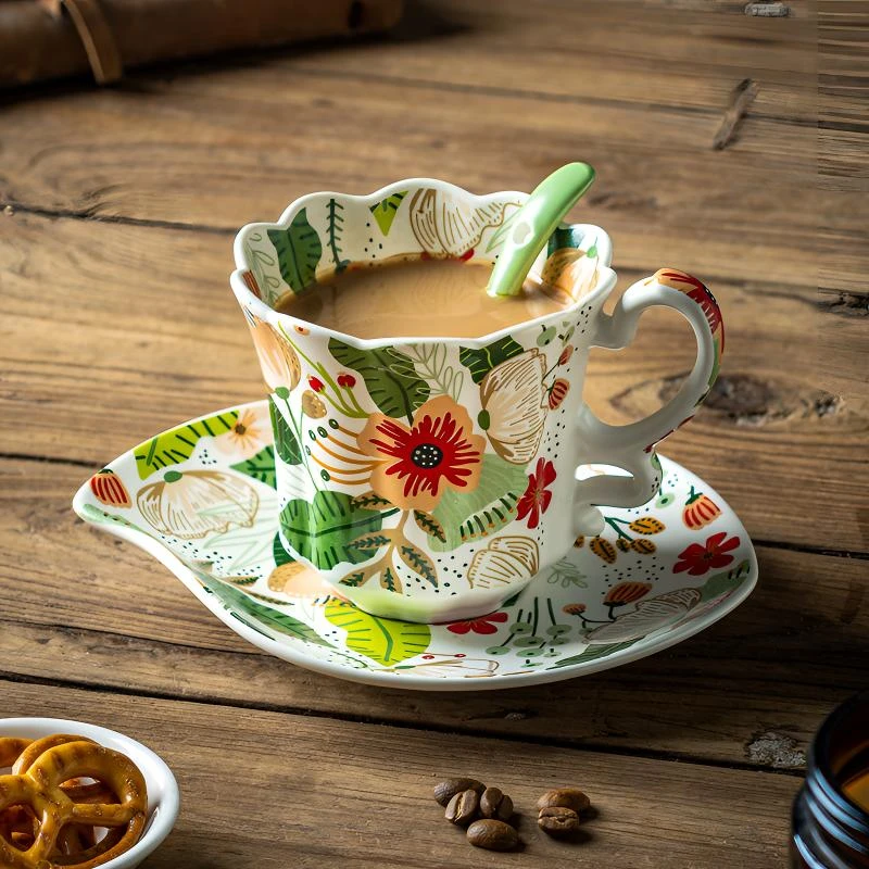 【兮房】七彩云花咖啡杯碟套装女士专用家用陶瓷轻奢高级感精致高档