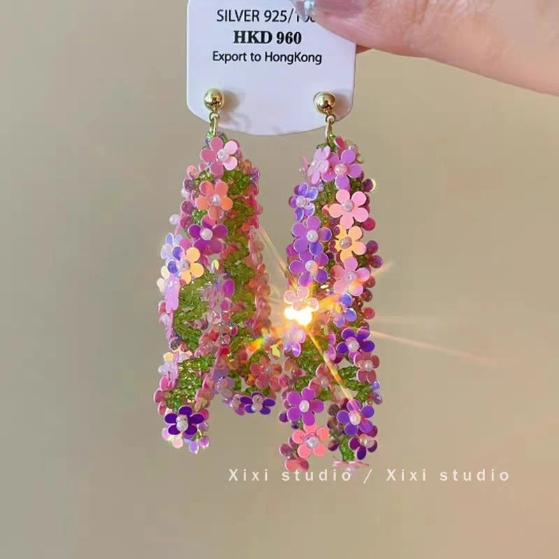 莫奈花园~森系花朵亮片长款流苏耳环女氛围感彩色海边度假风耳饰