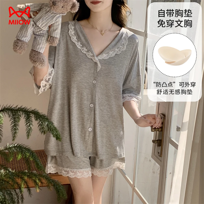MIIOW/猫人带胸垫女款夏季睡衣短袖短裤翻领开扣休闲蕾丝家居服D