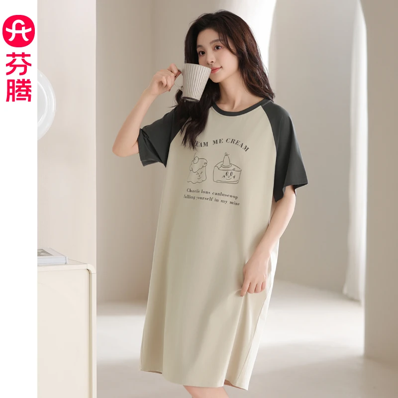 芬腾睡裙睡衣女款2025新款纯棉夏季薄款可爱短袖宽松少女可外穿服