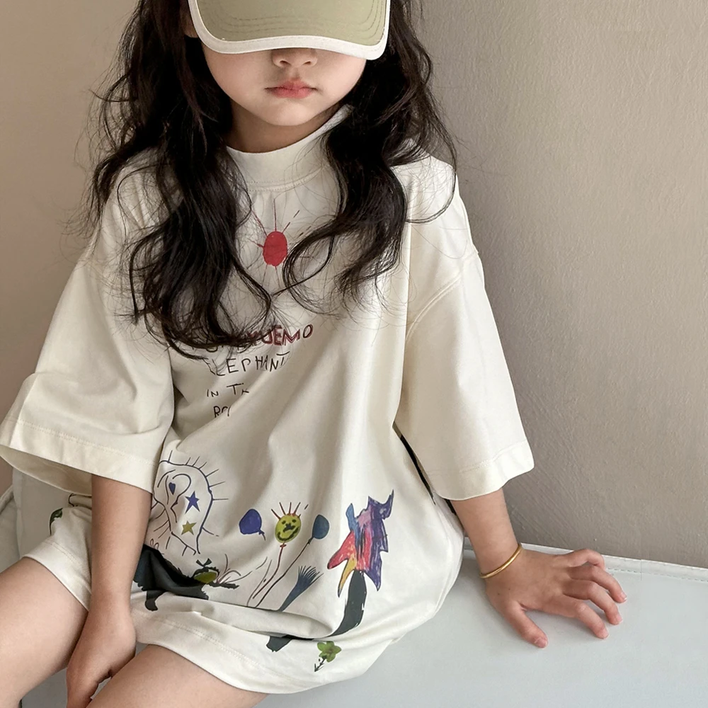 女童夏装2025新款韩版儿童短袖t恤宽松休闲洋气涂鸦上衣-