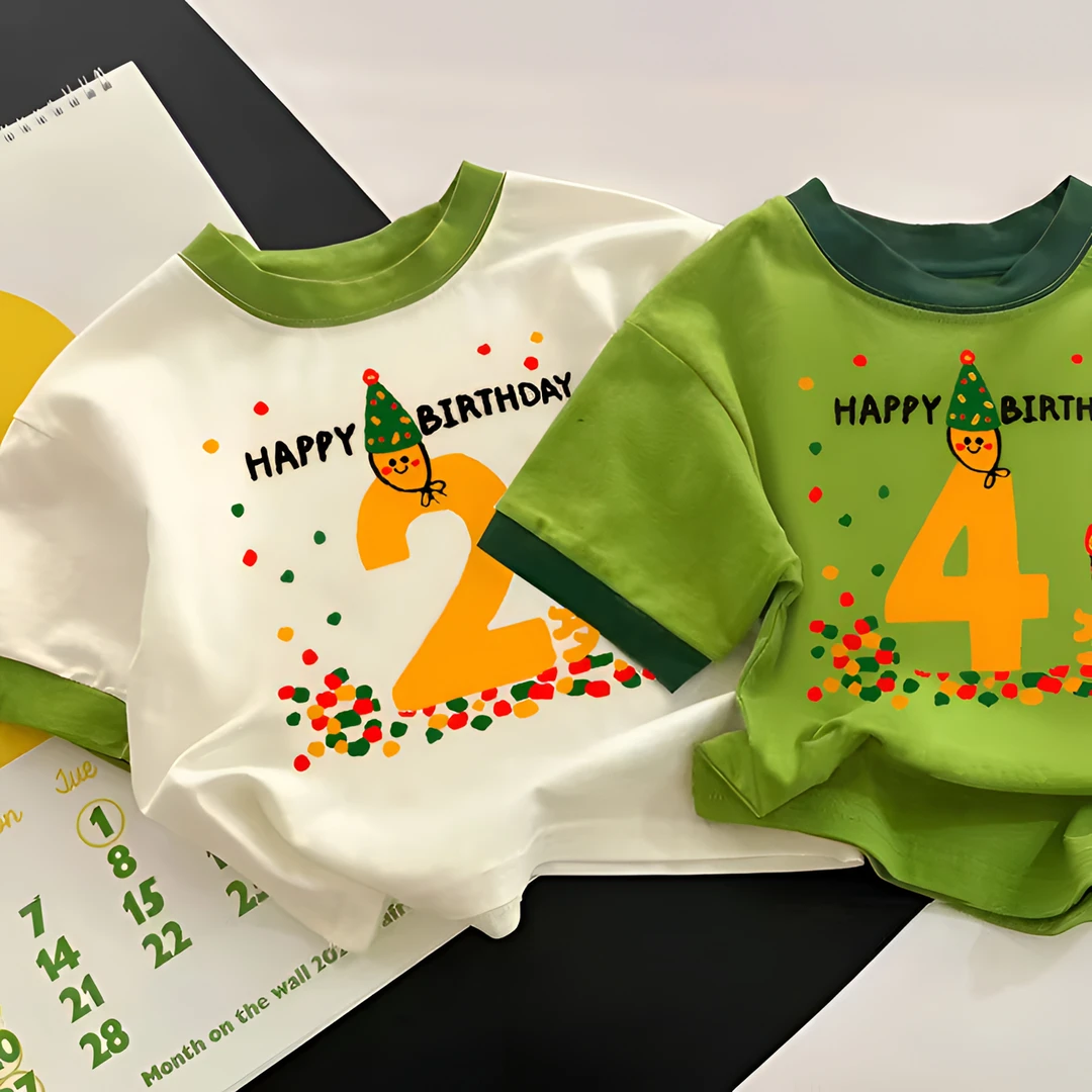 儿童宝宝新款插画数字周岁撞色短袖男女童生日拍照纯棉日韩系上衣