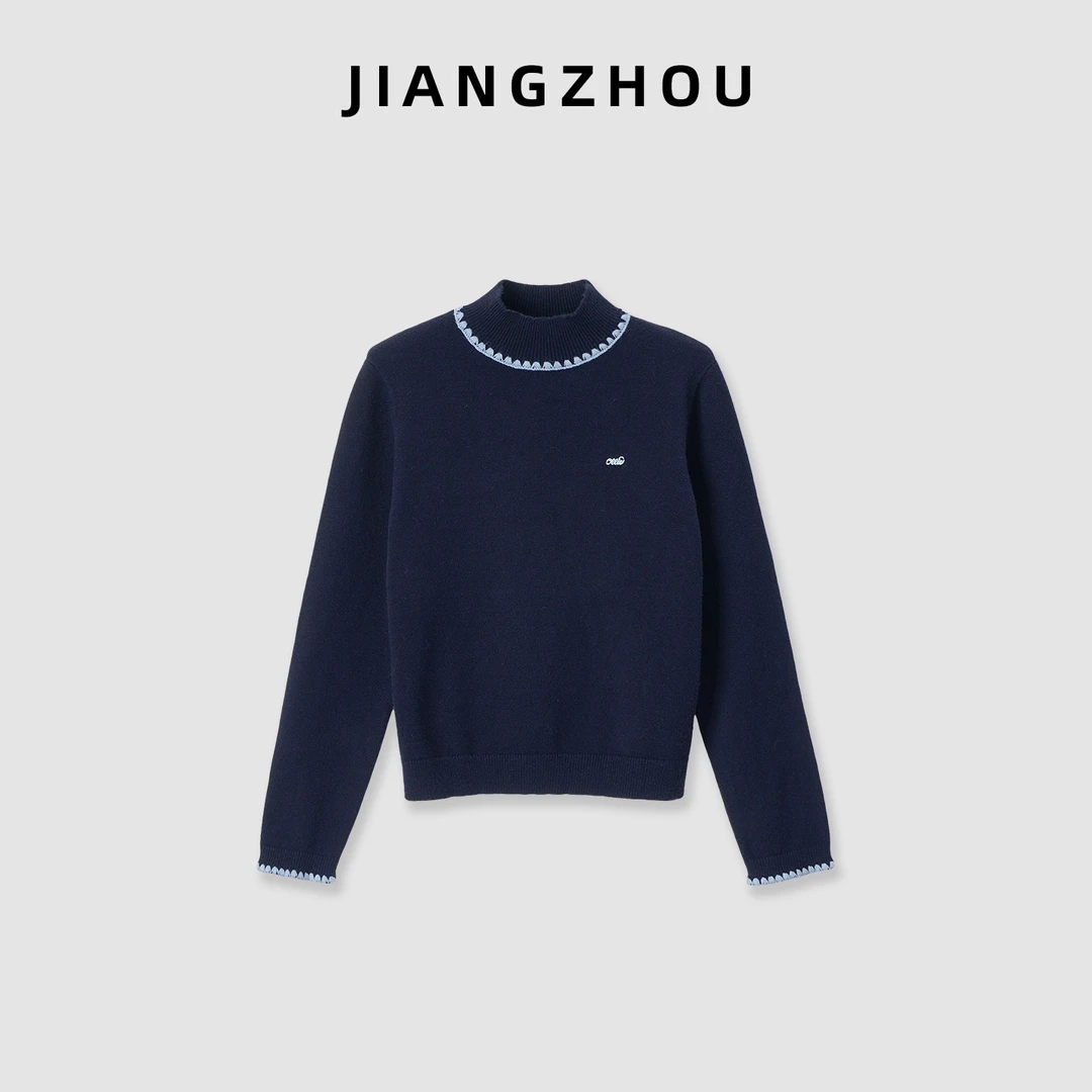 江洲【简澜】加厚保暖秋冬新款半高领手工勾花撞色正肩羊毛打底毛衫