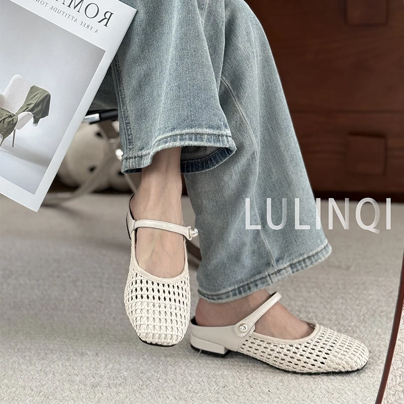 夏天穿裙子专用鞋子包头牛皮半拖方头透气编织镂空增高玛丽珍凉鞋