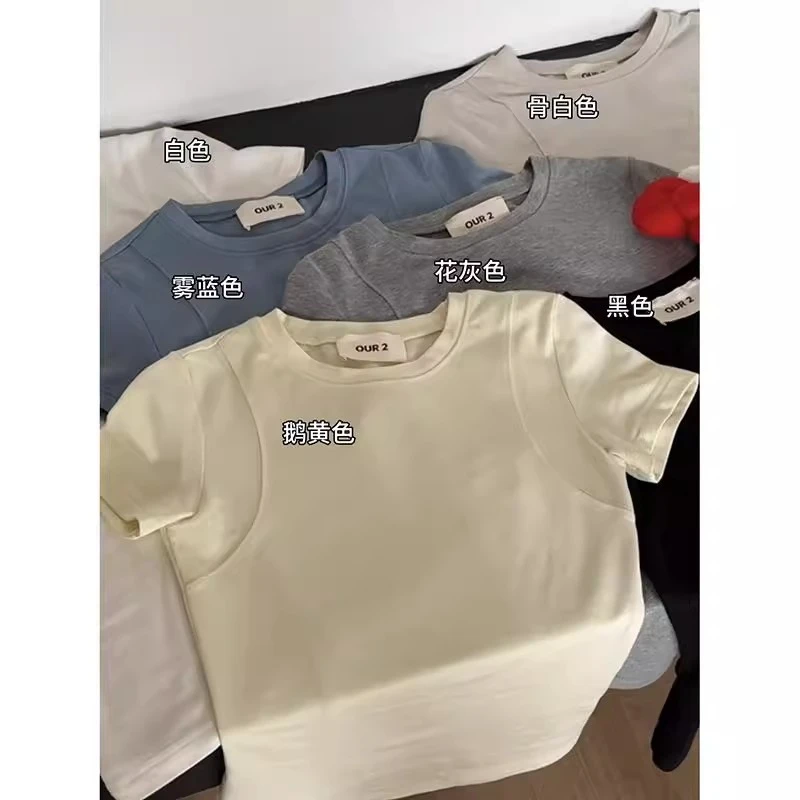 芊芊芙压线正肩T恤女收腰显瘦圆领体恤上衣夏季2025新款修身短袖