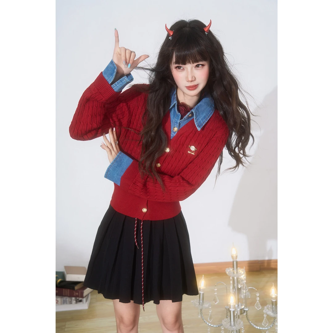 DUBZZY【港风俱乐部】潮牌设计师假两件毛织拼接牛仔上衣女M118S24Z