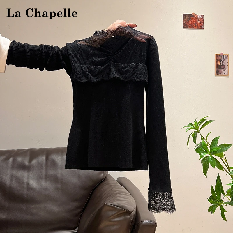 拉夏贝尔高级感黑色半高领蕾丝长袖针织衫女秋冬季气质减龄打底衫