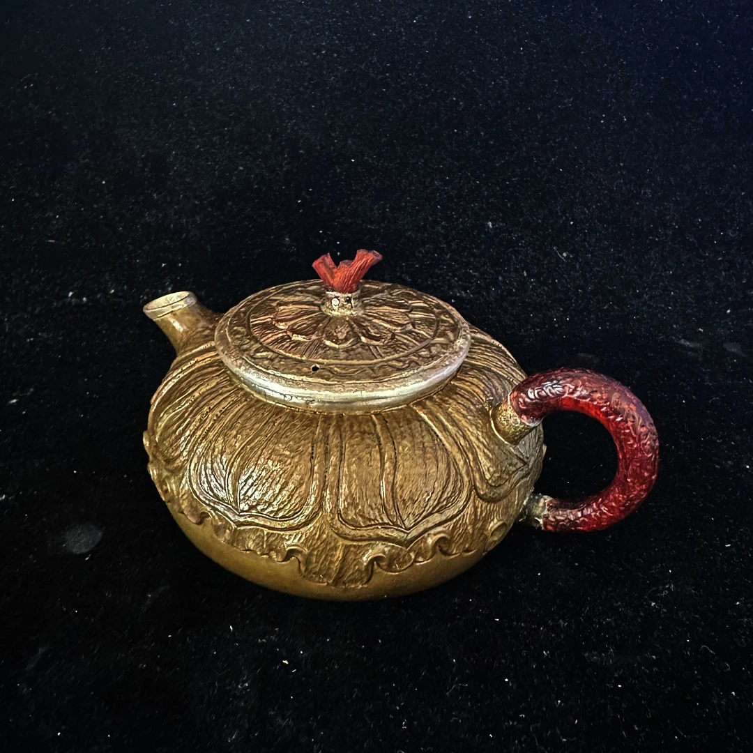 【莲花】纯手工浮雕铜包银小泡壶满水150cc