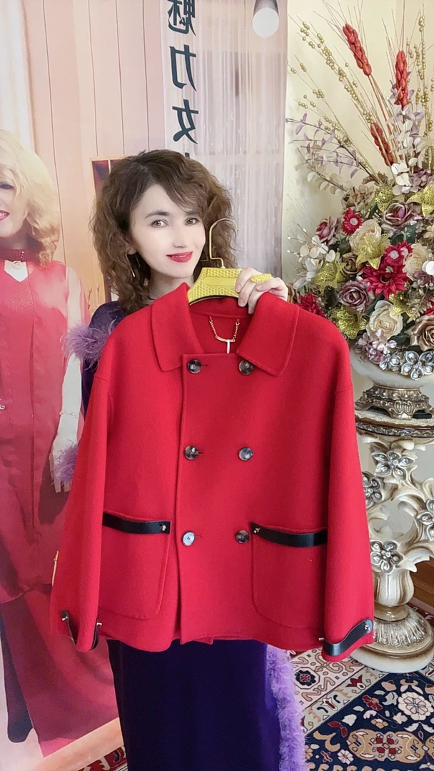 MODA KIZ双面呢大衣短款毛呢外套女通勤翻领宽松气质秋冬款