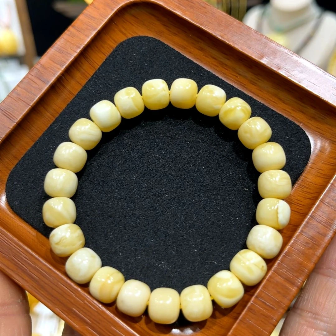 琥珀手链未镶嵌天然俄料蜜蜡奶白妖花老型手串9MM