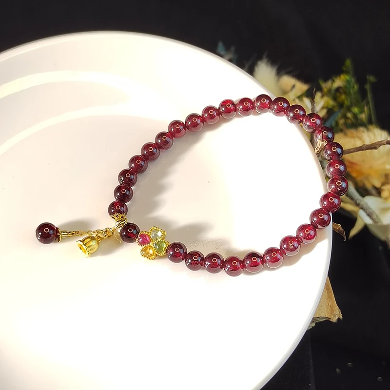 9547正品天然石榴石碧玺四叶草手串精致设计款银镶嵌手串4-5mm