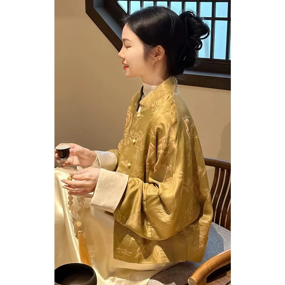 新中式国风复古高级感超好看唐装上衣黄色提花外套女2025春装新款