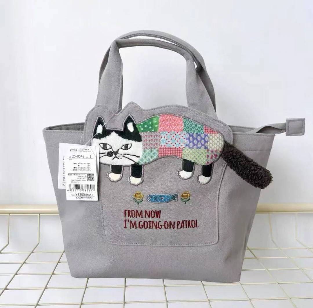 Z930 日本Kusuguru正品刺绣爬猫手提饭盒包家代爬猫灰色8542-1