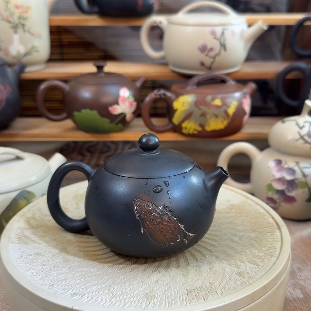 建水紫陶微雕壶全品全手工