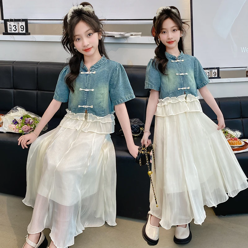 女童复古国风牛仔套裙2025春季女孩盘扣短袖半身裙新中式两件装潮