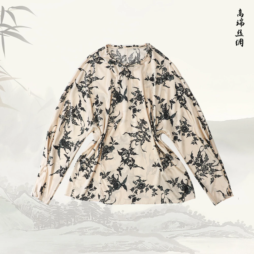 【浮玉】品牌新款桑蚕丝新中式圆领提花撞色百搭上衣529174