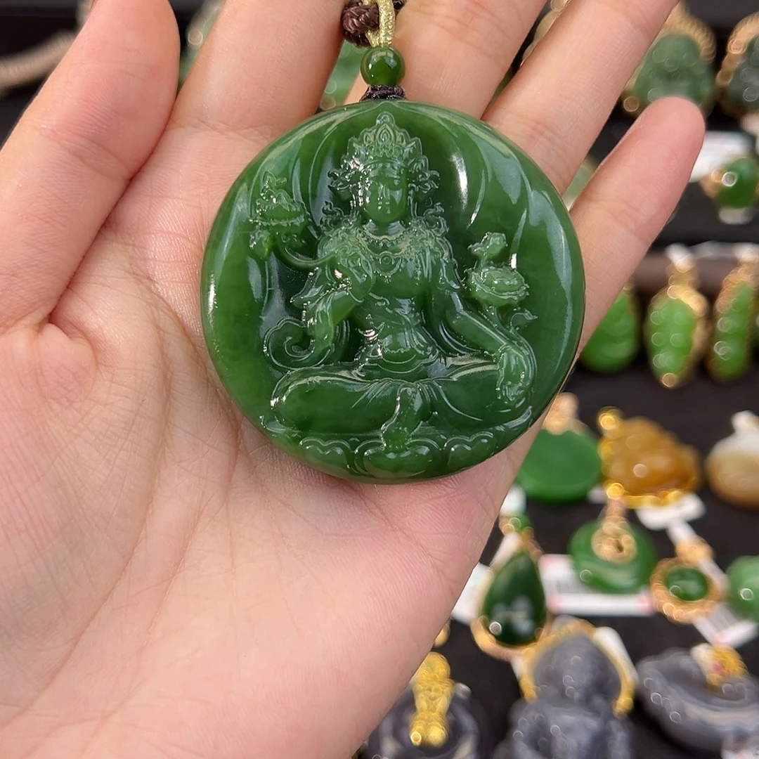 和田玉未镶嵌吊坠(不含链)阳绿度母50*11