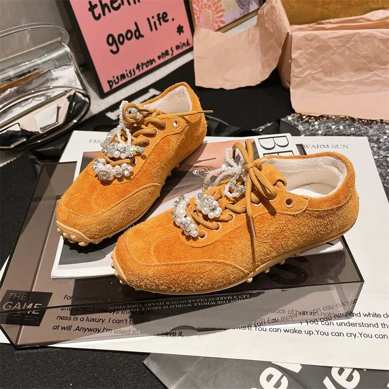 欧货蝴蝶结珍珠系带芭蕾风德训鞋运动休闲鞋板鞋平底红色女鞋