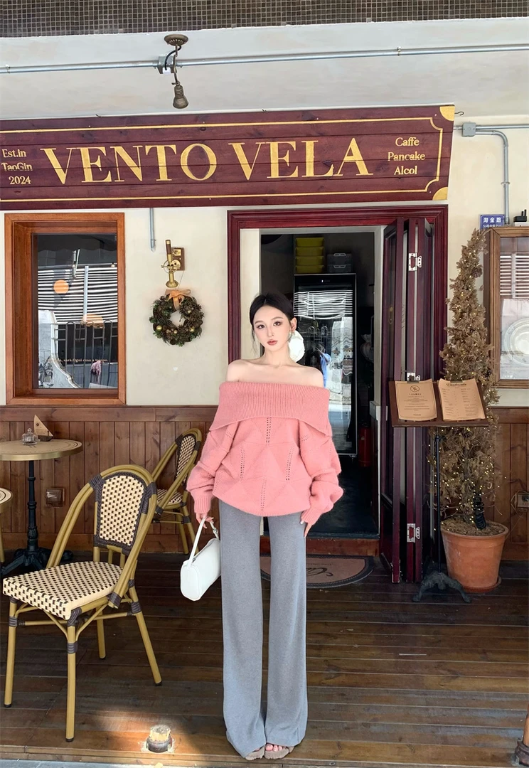 复古时尚百搭一字领毛衣宽松慵懒针织上衣休闲裤套装66507#