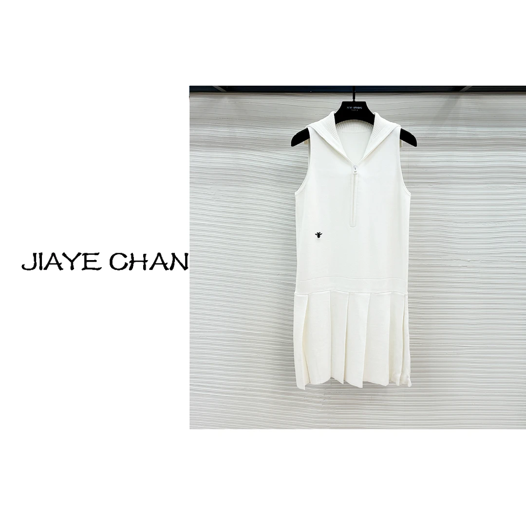 【西西高定】白色翻领无袖百褶连衣裙