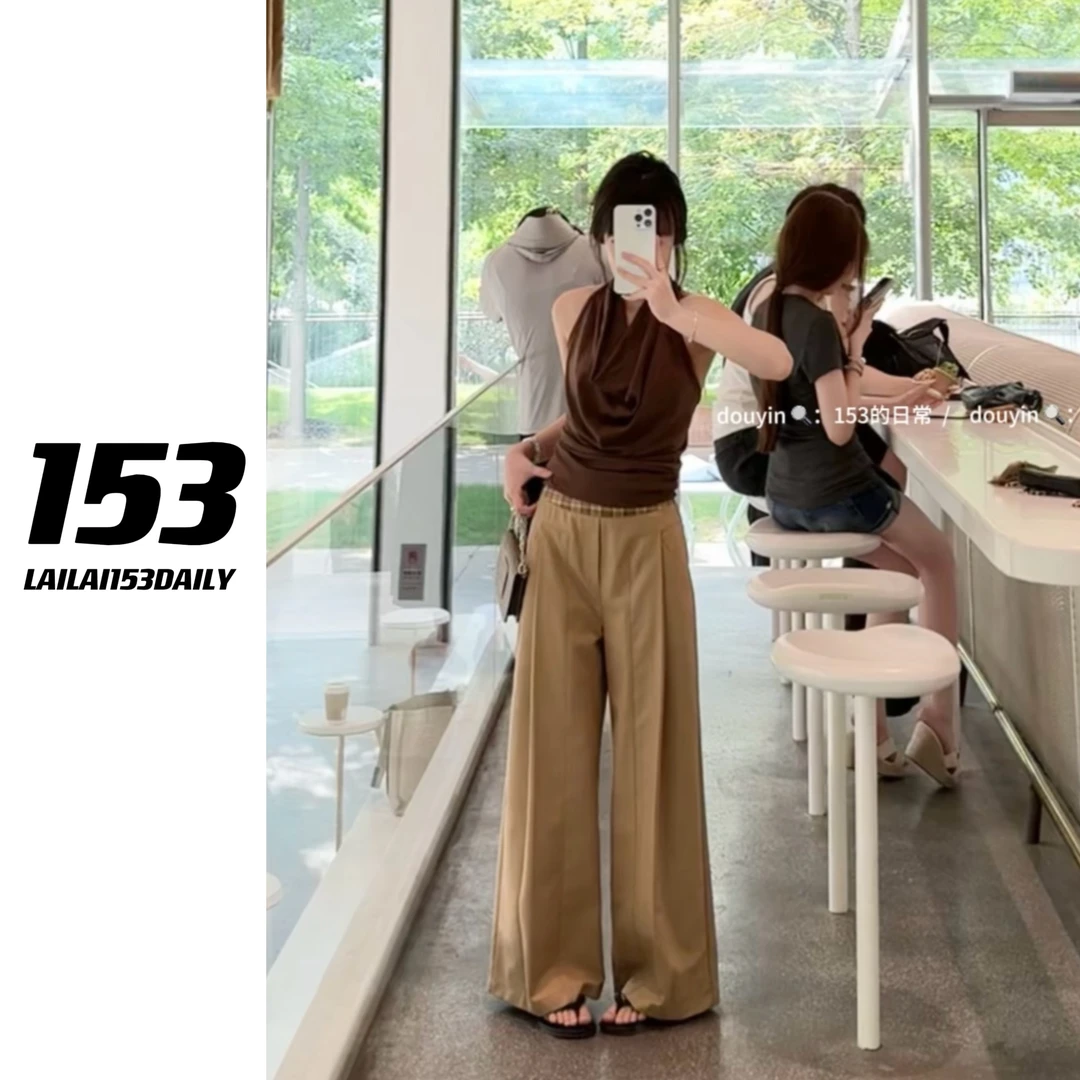 【153的日常】格纹拼接阔腿裤显瘦夏季小个子直筒设计感百搭25CK503