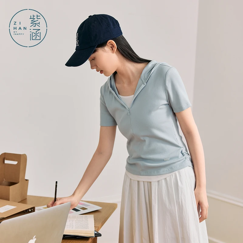紫涵假两件连帽短袖T恤女2025夏季新款捏褶收腰上衣Z5Z03AW251