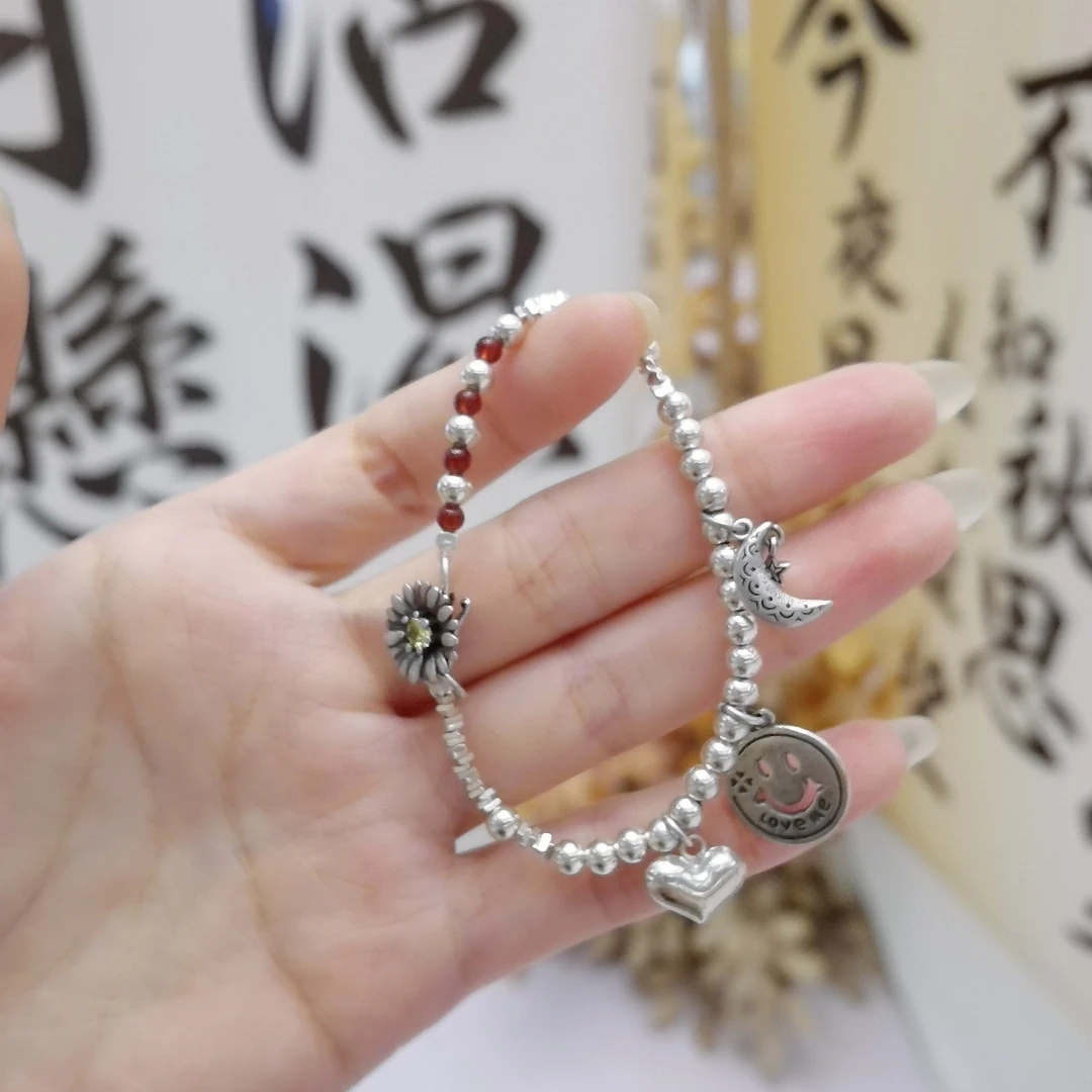 925银手链 星空之恋S925银吊坠手链星月亮笑脸吊坠手链原创手工