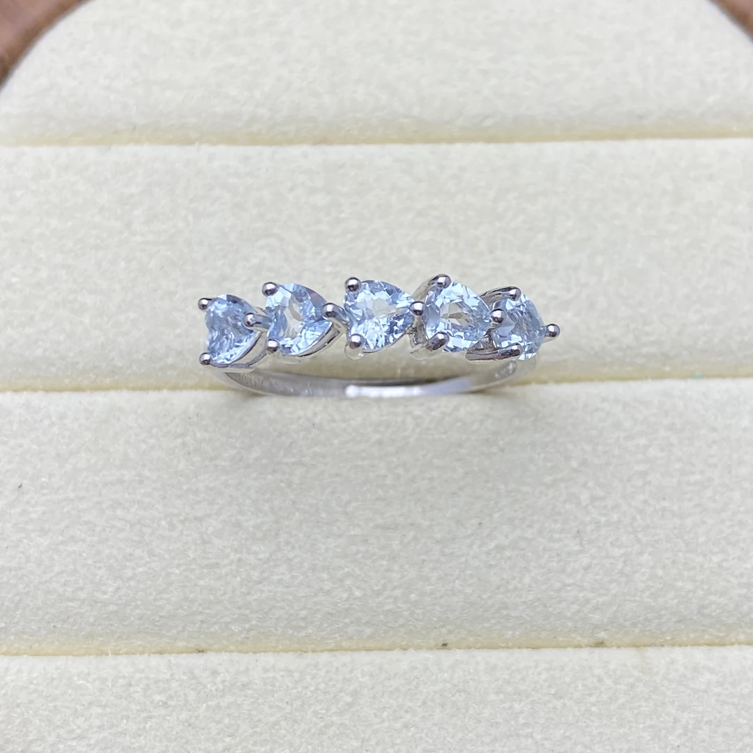 天然海蓝宝石戒指通体S925银排戒时尚简约百搭