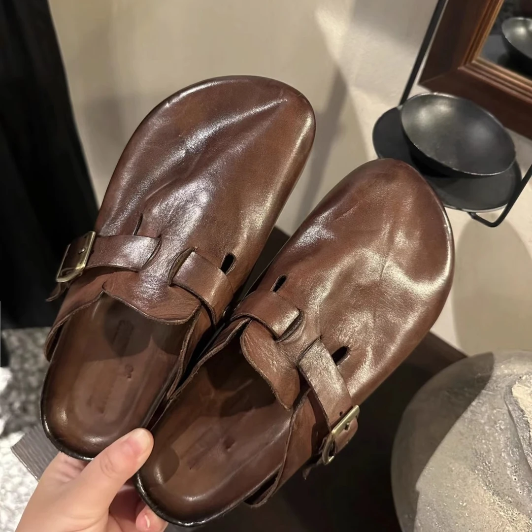 复古百搭休闲勃肯鞋包头一字拖2025新款水洗包头复古拖鞋女