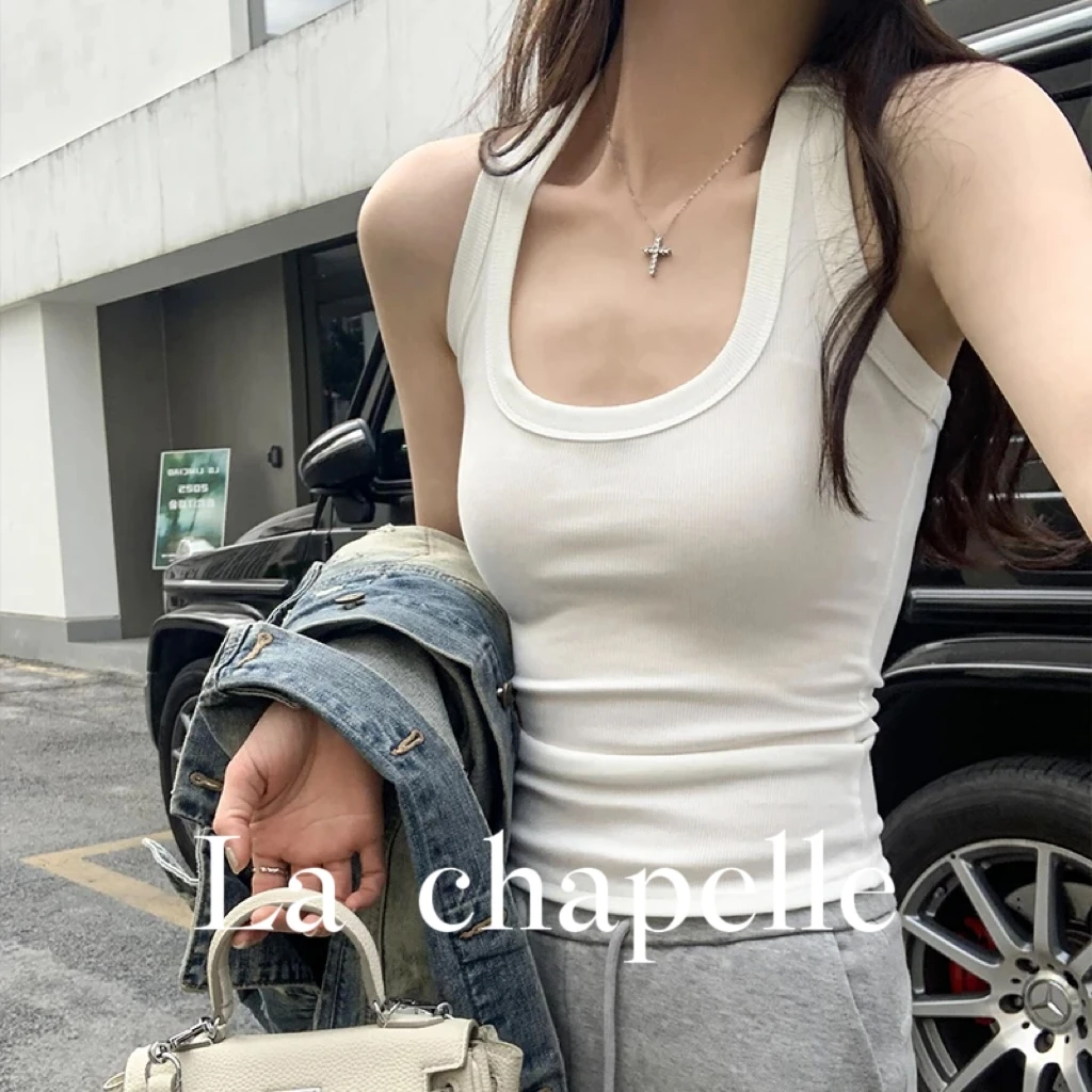 La Chapelle/拉夏贝尔黄色方领螺纹挂脖背心吊带通勤打底