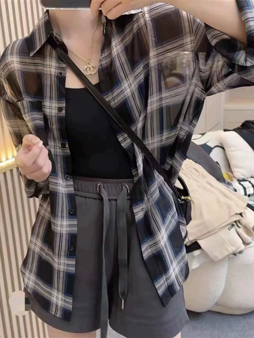 夏季宽松格子防晒衬衫长袖80-150斤女