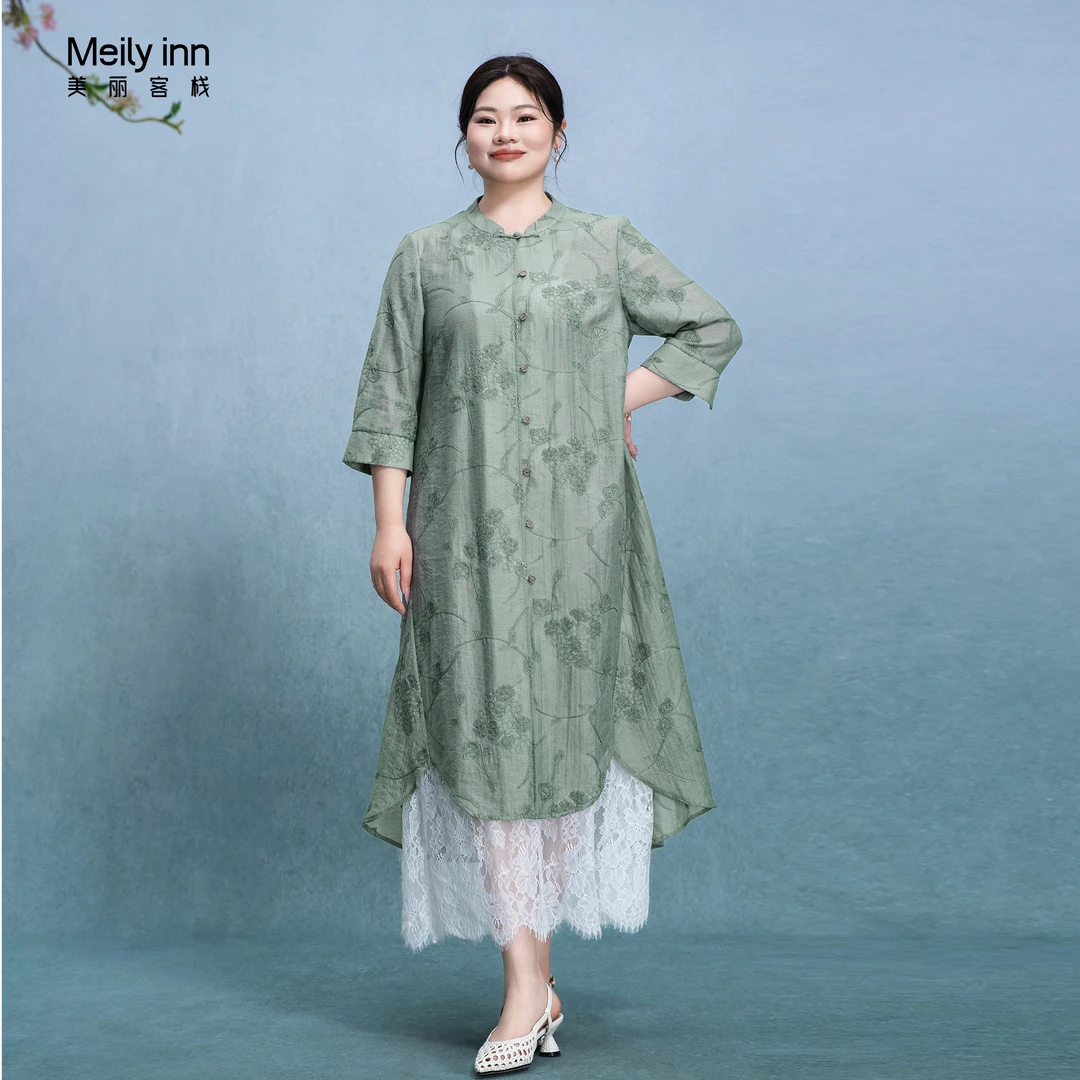 美丽客栈原创高端大码女装胖mm200斤加肥加大刺绣天丝炒色衬衫长