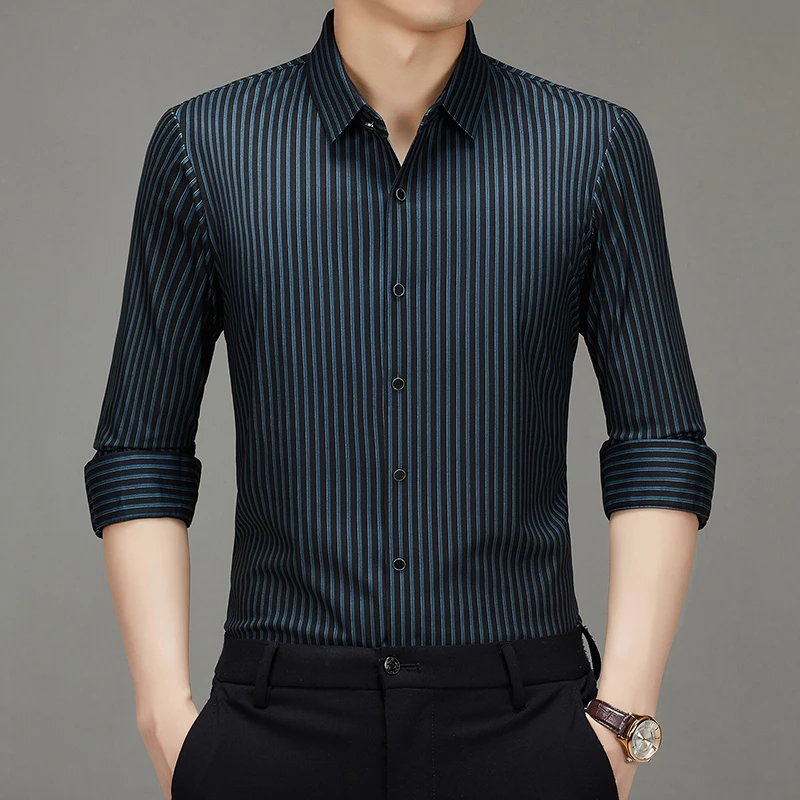 男春季POLO领长袖衬衫中年上衣高档无痕正装男装男士时尚商务衬衣