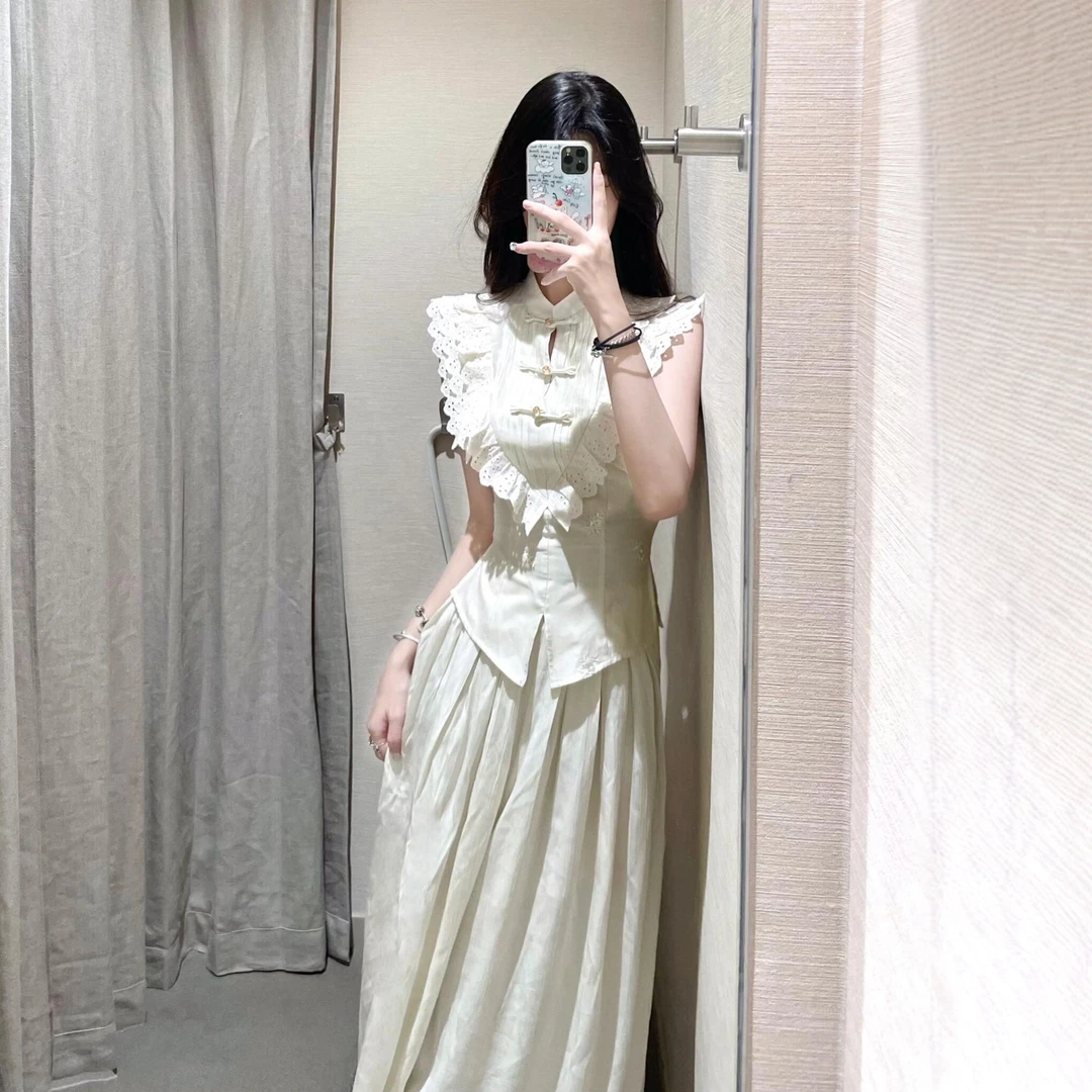 2025夏季新中式盘口刺绣花边开叉修身上衣女小众蕾丝大码开叉裙裤