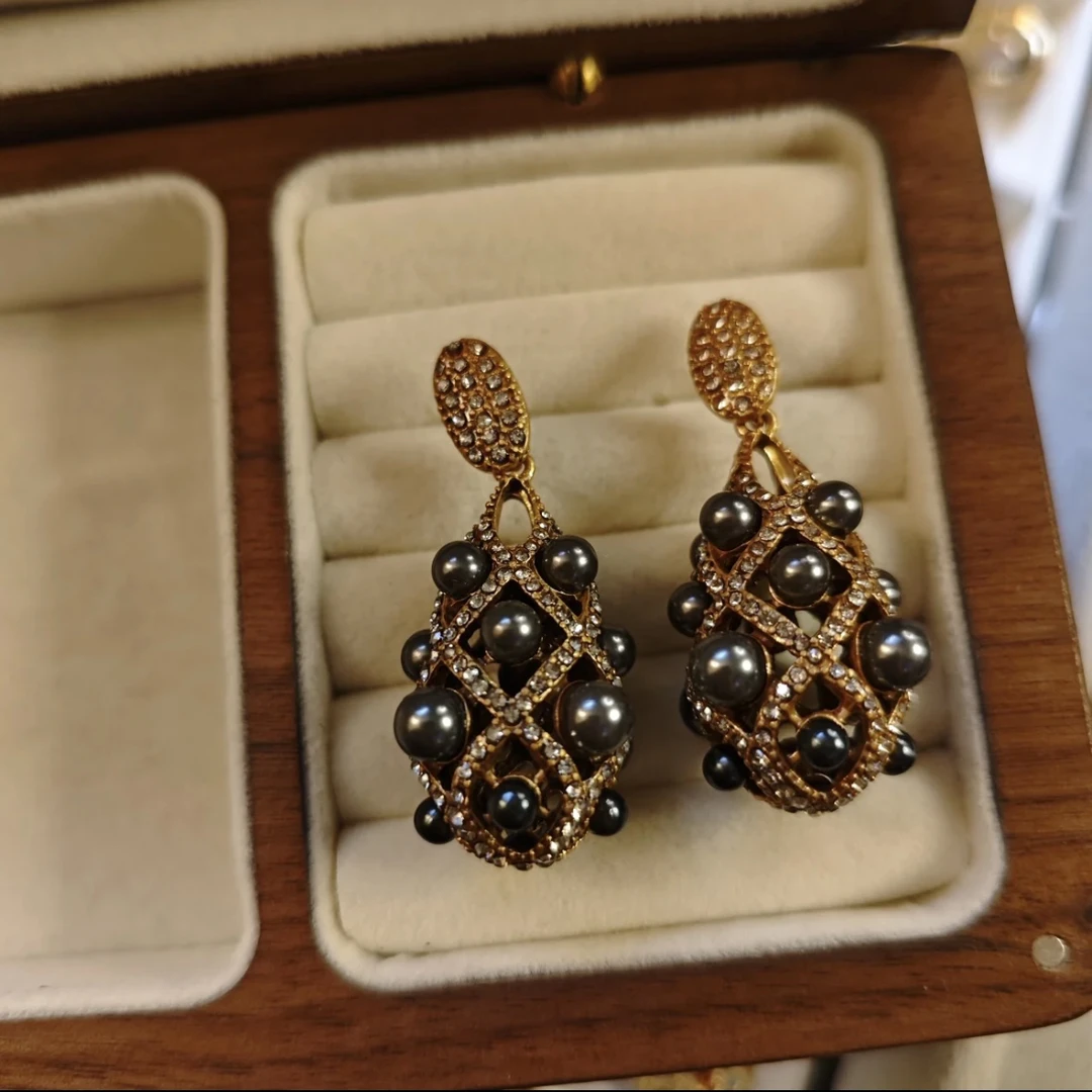 黄铜琉璃耳饰 时尚复古中古VINTAGE 灰色珠珠镶钻耳饰