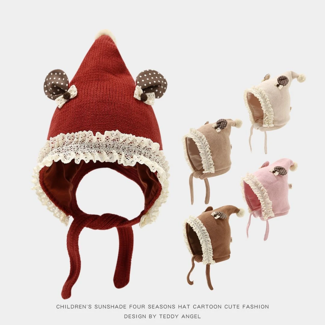 女童花边精灵帽秋冬季针织毛球护耳帽尖尖婴幼儿毛线帽宝宝保暖帽